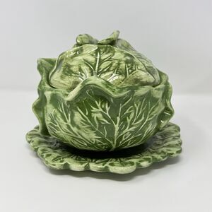 Holland Mold Green Cabbage Leaf Covered Bowl Underplate Ceramic Vintage